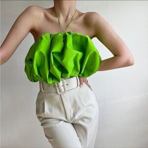 ZARA VOLUMINOUS PUFF CROPPED TOP GREEN SIZE XS NEW